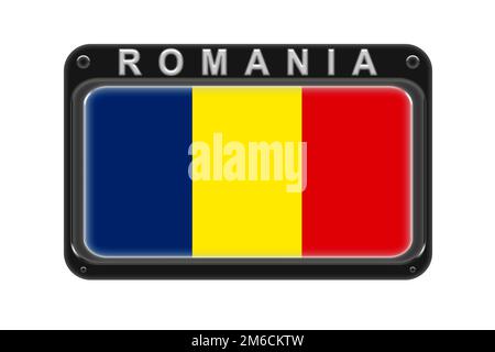 La bandiera della Romania nel telaio con rivetti su sfondo bianco Foto Stock