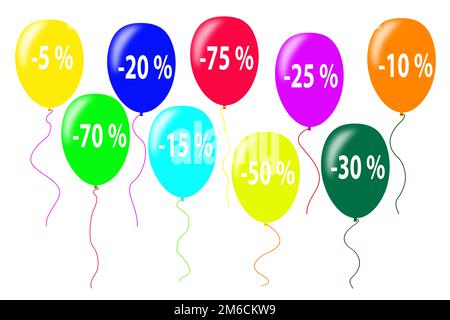 Sui palloncini multicolore, i numeri sono contrassegnati con le dimensioni degli sconti Foto Stock