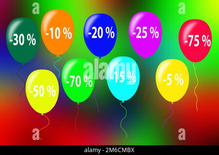 Sui palloncini multicolore, i numeri sono contrassegnati con le dimensioni degli sconti Foto Stock