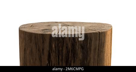 Podium di legno dal tronco dell'albero isolato su fondo bianco Foto Stock