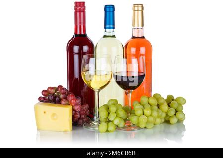 Vino Vini Formaggi vino Bianco vino Rosso uva Rosa uva isolato piatto libero Foto Stock