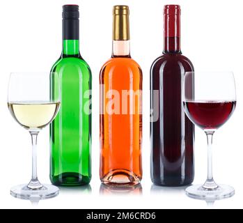 Bottiglie di vino vetro bottiglie di vino vetro di vino rosso vino bianco rosa esenzione Foto Stock