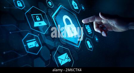 Accesso sicuro e protezione dei dati online. Privacy dei dati e sicurezza informatica su internet per e-mail, carta di credito. Crittografia dei dati con password. Dito su Foto Stock