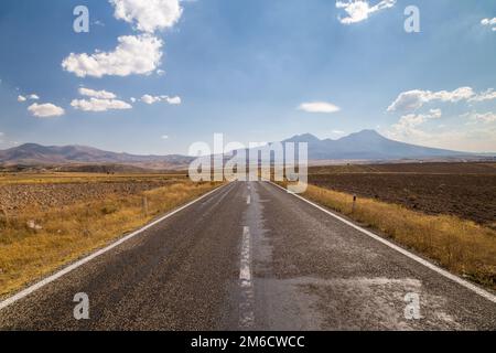 Lunga strada diritta che attraversa la campagna, che conduce a montagne lontane Foto Stock