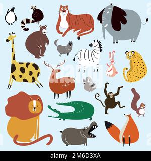 Collezione di animali selvatici carini in vettore stile cartoon Illustrazione Vettoriale