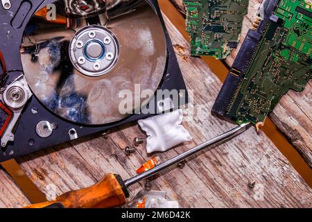 Un uomo rompe un computer utilizzando attrezzi fabbro. Foto Stock