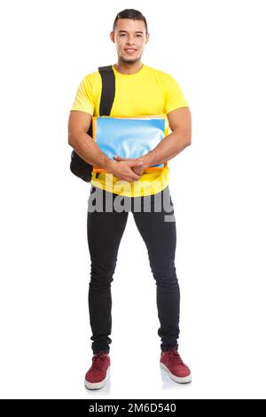 Studente università giovane uomo ritratto corpo pieno sorridente persone isolate su bianco Foto Stock