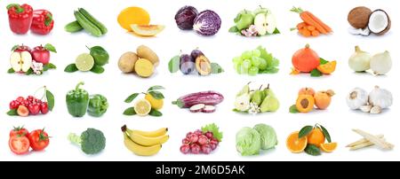 Frutta e verdura raccolta mele isolate pomodori arance cipolle colori frutta fresca Foto Stock