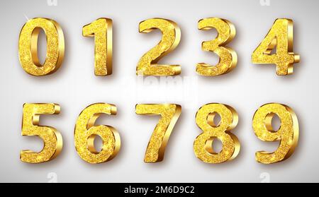 Numeri unici Golden Metal con scintillanti illustrazioni vettoriali realistiche. Simboli o segni in metallo dorato lucido o brillante dal 0 al 9, isolati su sfondo bianco Illustrazione Vettoriale