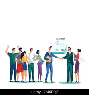 Conclusione del contratto e illustrazione vettoriale del concetto di lavoro di squadra. Uomini d'affari soddisfatti scuotono le mani contro l'accordo firmato con sigillo e firme, i loro team sono dietro di loro isolati su bianco Illustrazione Vettoriale
