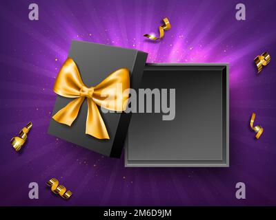 Open regalo scatola nera con nastro d'oro bow vista dall'alto realistico vettore. Scatola vuota su fondo viola con confetti d'oro o tinsel spiralato., compleanno, Capodanno o disegno di Natale Illustrazione Vettoriale