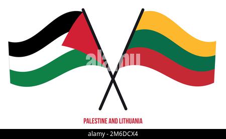 Palestina e Lituania Bandiere incrociate e ondeggianti stile piatto. Proporzione ufficiale. Colori corretti. Illustrazione Vettoriale