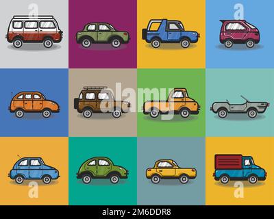 Illustrazione della collezione di auto e camion Illustrazione Vettoriale
