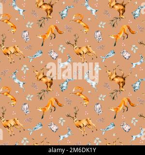 Animali selvatici, lepre, volpe, gufo, cervi acquerello senza cuciture modello isolato su beige. Stampa foresta invernale, legno disegnato a mano. Design per tessuti, inverno Foto Stock