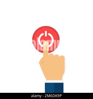 Mano con il dito premendo il pulsante. Pulsante rosso di accensione. Mano dell'uomo. Foto Stock