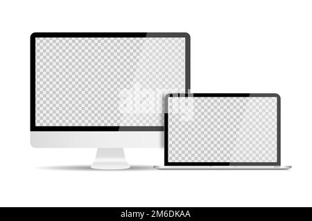 Personal computer con laptop in design realistico e alla moda con ombre. Impostare i dispositivi. Schermo trasparente simkup isolato. Foto Stock