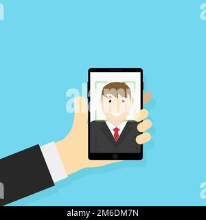 Identificazione del volto dell'illustrazione vettoriale. Fotografia. Selfie. Informazioni biometriche. Scanner frontale. Design piatto. EPS 10. Foto Stock