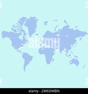 Mappa del mondo vettoriale con gli aerei geografia Europa viaggiare aereo di disegno piano Foto Stock