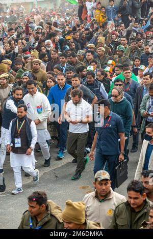 (Al centro) il leader del Congresso Rahul Gandhi in White Shirt guarda il suo cellulare mentre marciando insieme ai sostenitori durante il Bharat Jodo Yatra un movimento di massa in corso organizzato dal Congresso Nazionale indiano (partito politico in India). Rahul Gandhi, leader del principale partito politico indiano, ha marciato nella capitale nazionale insieme ai suoi sostenitori, parte del suo percorso di cinque mesi lungo 3.570km km (2.218 miglia) attraverso 12 stati da Kanyakumari nell'India meridionale al Kashmir nell'India settentrionale. (Foto di Pradeep Gaur/SOPA Images/Sipa USA) Foto Stock