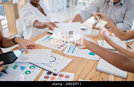 Persone d'affari, mani e documenti di marketing in riunione in ufficio. Lavoro di squadra, strategia e gruppo di dipendenti con documenti, statistiche e grafici Foto Stock