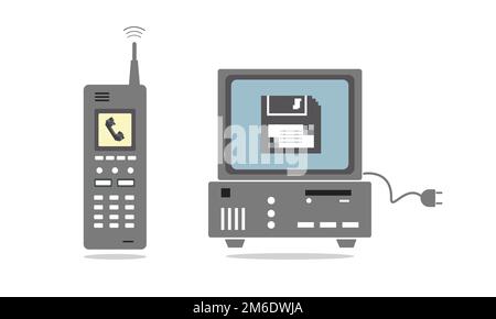 Tecnologia nel telefono 80s.Phone e nel computer Foto Stock