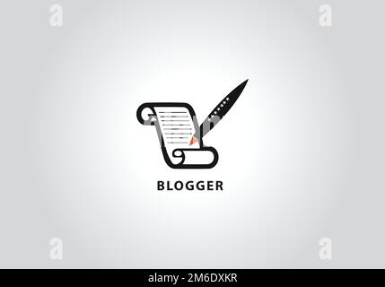 design classico del logo del produttore. penna con logo autore e combinazione di libri. Illustrazione Vettoriale
