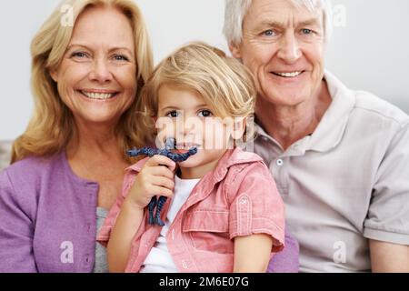 Ci ricorda i bei vecchi giorni. una coppia anziana seduta con il loro adorabile nipote. Foto Stock