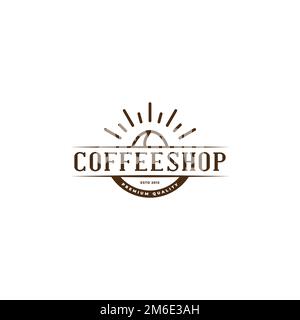 Logo vintage della caffetteria con line art di sole e chicchi di caffè. Illustrazione Vettoriale