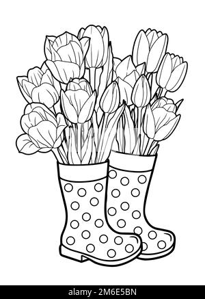 Pagina del libro di colorazione vettoriale per adulti. Un bouquet di tulipani è in piedi in stivali di gomma invece di un vaso Illustrazione Vettoriale