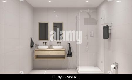 Rendering 3D del moderno design del bagno con due lavelli e piastrelle bianche, visualizzazione del design degli interni, elegante progetto bagno, rendering 3D. Foto Stock