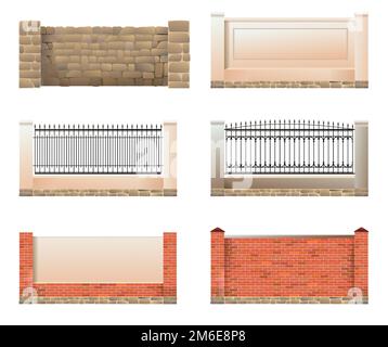 Set di recinzioni. Pietra e mattoni con intonaco di calcestruzzo. Ferro forgiato. Isolato su sfondo bianco Vector. Illustrazione Vettoriale