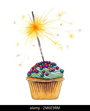 Acquerello illustrazione scetch con cupkace festivo, spruzzi e candela di compleanno che brucia, isolato su sfondo bianco. Acquerello Happy Birthday cartolina di auguri disegnata a mano, cartolina. Foto Stock