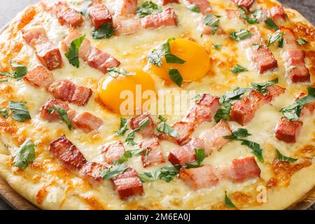 La pizza carbonara italiana contiene tuorlo d'uovo, panna, pancetta, parmigiano e mozzarella. Orizzontale Foto Stock