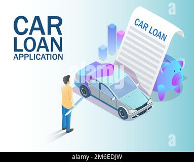 Illustrazione isometrica vettoriale del concetto di applicazione del prestito dell'automobile Illustrazione Vettoriale