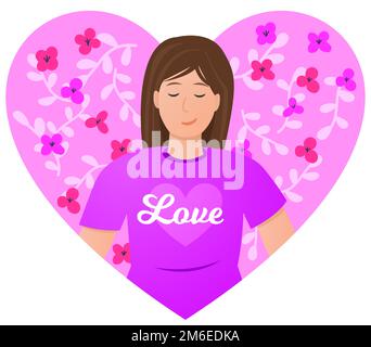 Personaggio donna all'interno di un cuore rosa con fiori. Amore concetto di illustrazione vettoriale. Carta San Valentino. Illustrazione Vettoriale