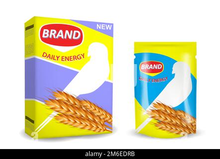 Set mockup per la confezione di alimenti per uccelli, illustrazione con isolamento vettoriale Illustrazione Vettoriale