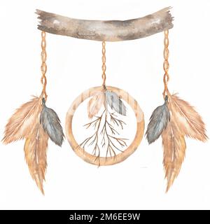 Acquerello decorazione bohemian dreamcatcher, boho piume decorazione, mistero etnico stampa tribale, ornamento zingaro, catcher sogno in colori neutri. Foto Stock