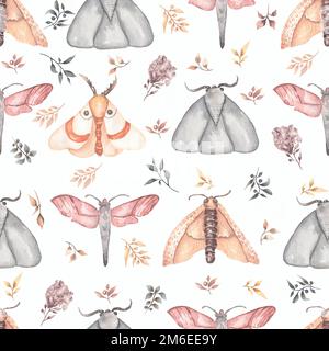 Acquerello senza cuciture acquerello dipinto a mano di alta qualità Farfalle e falene con motivi floreali in colori neutri e trendy. Foto Stock