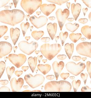 Acquerello cuori senza cuciture disegnati a mano in colori tenui e neutri. cuore di amore sfondo, marrone, colore beige. Modello cardiaco di San Valentino. Foto Stock