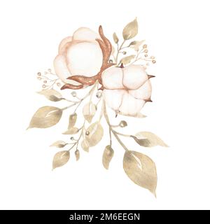 Acquerello disegno a mano colore morbido bouquet di cotone illustrazione e ramo. Mazzi di nozze. Foto Stock