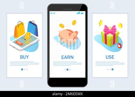 Guadagna premi per il modello vettoriale delle schermate di onboarding di siti Web e app per dispositivi mobili Illustrazione Vettoriale