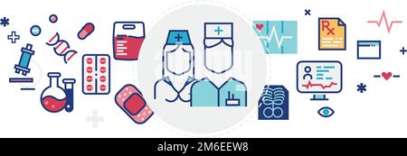 Concetto di medicina. Icone a colori per il settore sanitario. Set di trattamento ospedaliero Illustrazione Vettoriale