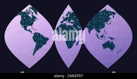 Internet e mappa delle connessioni globali. Proiezione sinusoidale interrotta. Mappa della rete mondiale. Illustrazione Vettoriale