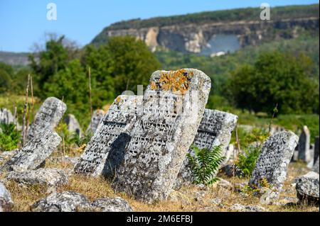 Antiche lapidi presso l'antico cimitero ebraico di Vadul liu Rascov in Moldavia Foto Stock