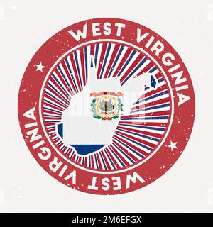 Francobollo rotondo della Virginia occidentale. Logo di noi stato con la bandiera di stato. Badge vintage con testo circolare e stelle, illustrazione vettoriale. Illustrazione Vettoriale