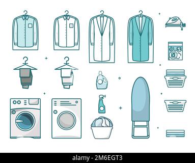 Set di icone per il bucato a linea sottile, illustrazione con isolamento vettoriale Illustrazione Vettoriale