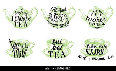 Il tè cita lettere disegnate a mano, illustrazione vettoriale Illustrazione Vettoriale