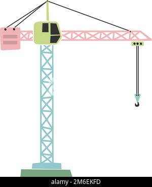 macchina da costruzione stile scandi illustrazione vettoriale per bambini, gru a torre isolata su sfondo bianco Illustrazione Vettoriale
