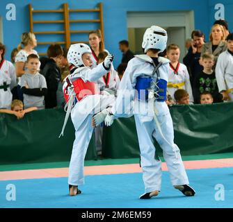 Orenburg, Russia - 19 ottobre 2019: I ragazzi gareggiano in taekwondo all'Orenburg Open Taekwondo Champi Foto Stock