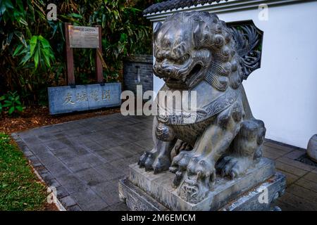 Leoni guardiani Cinesi all'entrata del Giardino Cinese di Hervey Bay, del Giardino Botanico di Hervey Bay, di Urangan Hervey Bay Queensland Australia Foto Stock